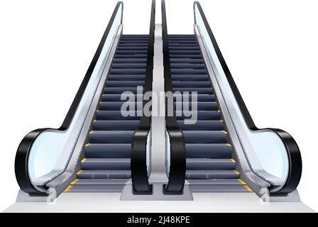 Two up and down escalators set on white background realistic isolated vector illustration Stock Vector