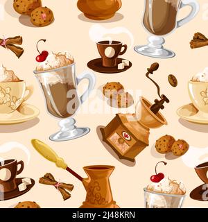 Coffee colored seamless pattern with turk cookies cinnamon grinder cup vector illustration Stock Vector