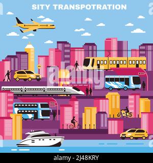 City background with skyscrapers and urban transport so as yellow cabs tram water transportation flat vector illustration Stock Vector