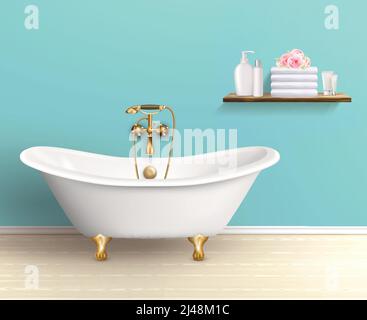 Bathroom interior poster or promo flyer bathtub in the house with blue walls shelf with bath accessories vector illustration Stock Vector
