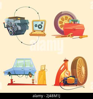 Auto service garage center for fixing cars and trucks 4 cartoon  retro icons set abstract vector illustration Stock Vector