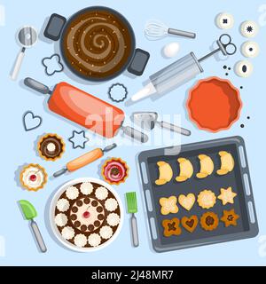 Bakery Top View Set. Confectionery Vector Illustration. Pastry Cartoon Symbols. Bakery Design Set.  Bakery Isolated Set. Stock Vector