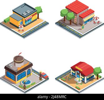 Colorful cafe restaurant pizzeria 3d isometric icons set on white background isolated vector illustration Stock Vector