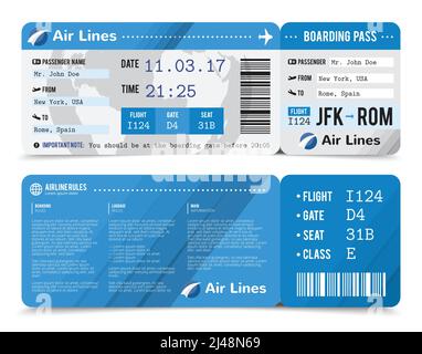 Colored realistic boarding pass composition with information about passenger on the front side and the back vector illustration Stock Vector