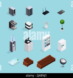 Colored office supplies isometric icon set with tools creating atmosphere in the office vector illustration Stock Vector