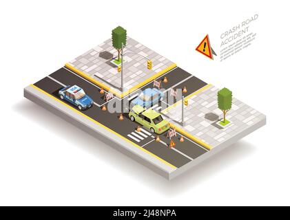 Crash road accident isometric composition with two broken cars after collision with traffic cones and signs vector illustration Stock Vector