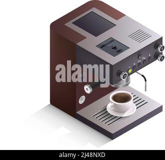 Modern coffee machine with cup of drink and inscription americano on white background isometric isolated vector illustration Stock Vector