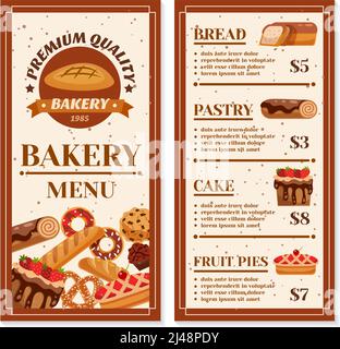 Bakery menu design with year of foundation at cover and product price list isolated vector illustration Stock Vector