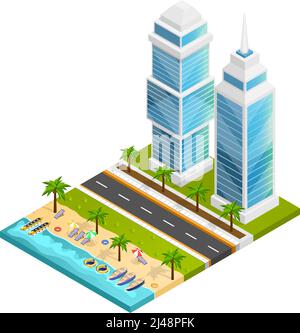 City and beach isometric concept with skyscraper road and sea vector illustration Stock Vector