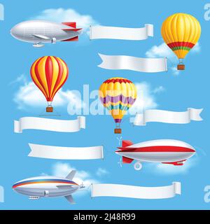 Colored advertising banners composition dirigible and air balloons with attached white fabric banners vector illustration Stock Vector