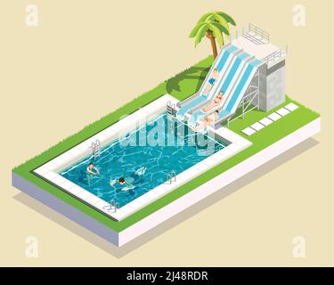 Water park friends isometric composition of outdoor aquapark waterslide running into swimming bath inflated with water vector illustration Stock Vector