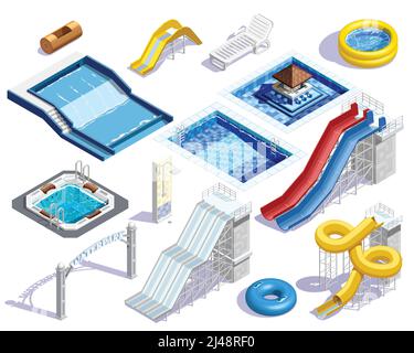 Water park aquapark isometric set with sixteen isolated images of ...