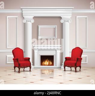 Realistic classic interior design with fireplace, moldings, columns and red armchairs on beige floor 3d vector illustration Stock Vector