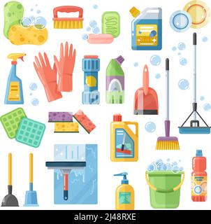 Selection of cleaning supplies tools accessories flat icons set with rubber gloves sponge brushes detergents vector illustration Stock Vector
