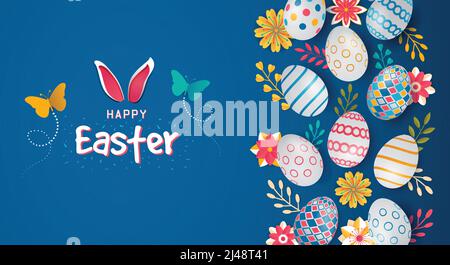 Happy Easter Floral Colorful Horizontal Banner Design. Flowers, butterflies, bunny ears, colorful pattern design eggs website header vector graphic Stock Vector
