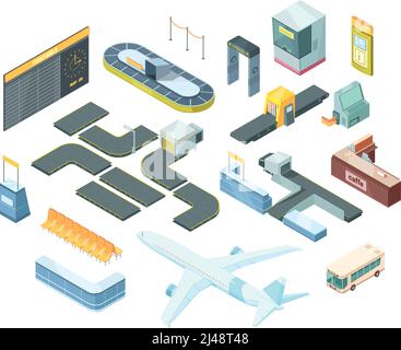 Airport isometric set with transportation, security system equipment, passport control booth, timetable, baggage carousel isolated vector illustration Stock Vector