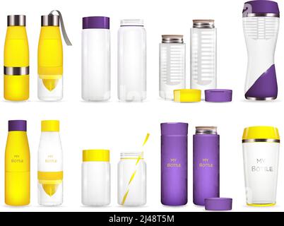Detox water bottle set of isolated leakproof vessels for drinks with lids plastic tube and lanyard vector illustration Stock Vector