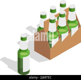 Isolated beer pack isometric composition with seven green glass bottles on white background vector illustration Stock Vector