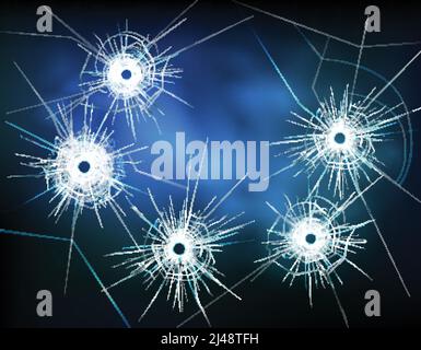 Bullet holes in glass with white cracks and scratches on textured dark background vector illustration Stock Vector