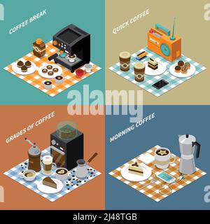 Isometric design concept with grains drinks and sweets coffee maker grinder smartphone and radio isolated vector illustration Stock Vector
