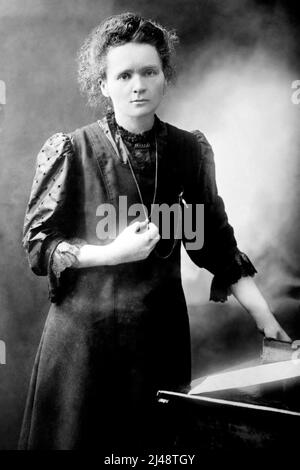 Maria Skłodowska-Curie (November 7, 1867 – July 4, 1934), sometime prior to 1907. Curie and her husband Pierre shared a Nobel Prize in Physics in 1903. Working together, she and her husband isolated Polonium. Pierre died in 1907, but Marie continued her work, namely with Radium, and received a Nobel Prize in Chemistry in 1911. Her death is mainly attributed to excess exposure to radiation. Stock Photo
