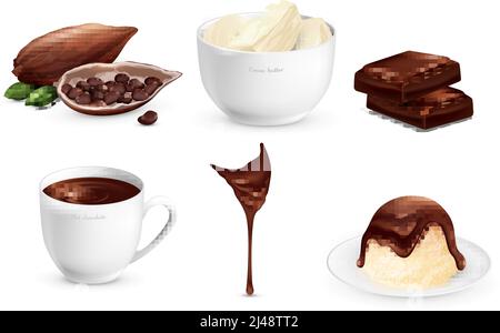 Cocoa products set with ripe beans, sweets, cup of hot chocolate, stream of glaze isolated vector illustration Stock Vector