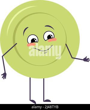 Cute plate character with joy emotions, smile face, happy eyes, arms and legs. A mischievous dishes for a cafe. Vector flat illustration Stock Vector