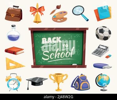 back to school poster with calculator and supplies in chalkboard