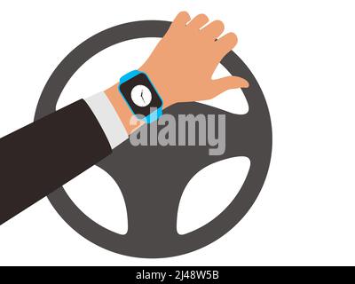 Man wearing fashion smart watch is Driving car , flat vector Stock Vector