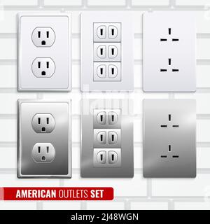 Set of american outlets at white plastic plates isolated on light brick wall background 3d vector illustration Stock Vector