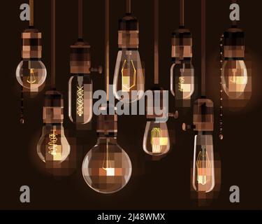 Realistic vintage glowing light bulbs icon set with hanging downward from the ceiling vector illustration Stock Vector