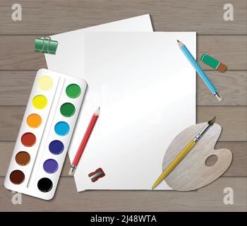 Creative colored workplace composition for designer or child engaged in visual arts vector illustration Stock Vector