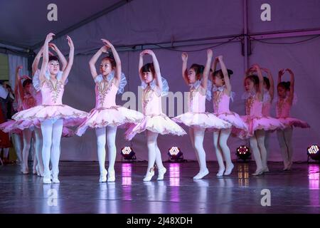 A group of young Asian ballerinas performing on stage in pink tutus