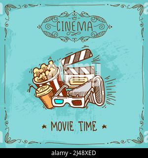 Cinema movie time sketch poster with popcorn glasses clapperboard and megaphone vector illustration Stock Vector
