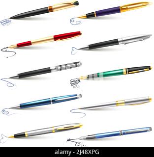 Colored and realistic business fountain pen icon set with blue black ink and ballpoint fountain pens vector illustration Stock Vector