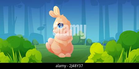 Cute hare on glade in forest. Funny rabbit or jackrabbit on spring lawn with green grass and bushes. Vector cartoon illustration of summer woods landscape with fluffy wild animal, bunny Stock Vector