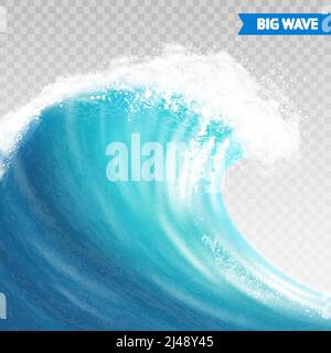 Big sea or ocean wave with spray, foam on crest and reflection on transparent background vector illustration Stock Vector