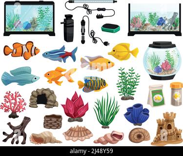 Aquaristics cartoon set with aquarium fishes corals stones seaweeds seashells and aquarium tanks of different shapes vector illustration Stock Vector