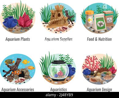 Set of aquarium compositions with colorful plants, fishes, food, shells and caves, design elements isolated vector illustration Stock Vector
