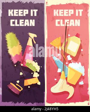 Cleaning vertical banners with tools and accessories for washing floor windows and domestic items vector illustration Stock Vector