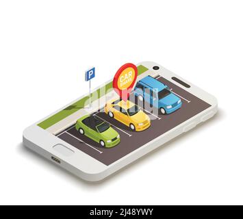 Abstract design concept on carsharing theme with car station located on smartphone screen and car shared pin  isometric vector illustration Stock Vector