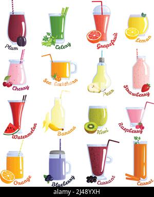Colored and isolated smoothie cocktails icon set with different flavors plum cherry lemon watermelon orange banana kiwi raspberry blueberry and others Stock Vector