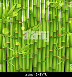Oriental seamless green pattern composed from young tropical bamboo shoots and leaves realistic vector illustration Stock Vector