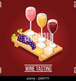 Isometric wine production background with images of wooden carving board wine glasses grape and cheese pieces vector illustration Stock Vector
