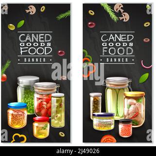 Vertical banners with canned food in glass jars on black background with sliced vegetables isolated vector illustration Stock Vector