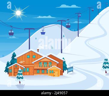 Winter skiing resort with snow hotel and ski lifts flat vector illustration Stock Vector