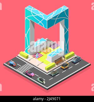 City constructor isometric element with road pedestrian crossing futuristic cars and abstract architecture vector illustration Stock Vector