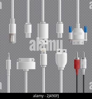 Realistic cable connectors types transparent set with images of computer and multimedia connectors on transparent background vector illustration Stock Vector