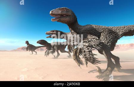 Dakotaraptor group hunting 3D illustration Stock Photo