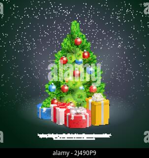 Gift boxes under christmas tree decorated by colored balls on night snowflake background realistic vector Illustration Stock Vector